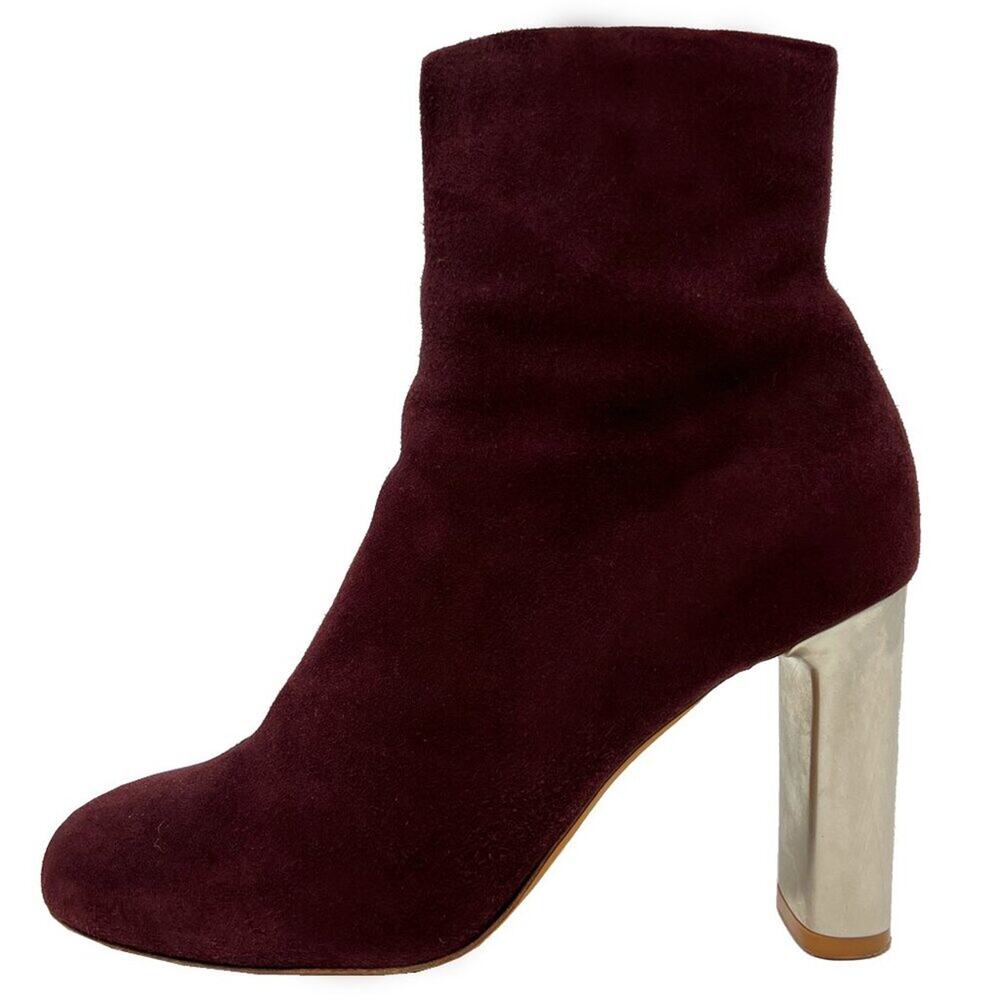 Celine Suede Mid Calf Boots 37.5 Burgundy Silver Block Heel‎ Made in Italy